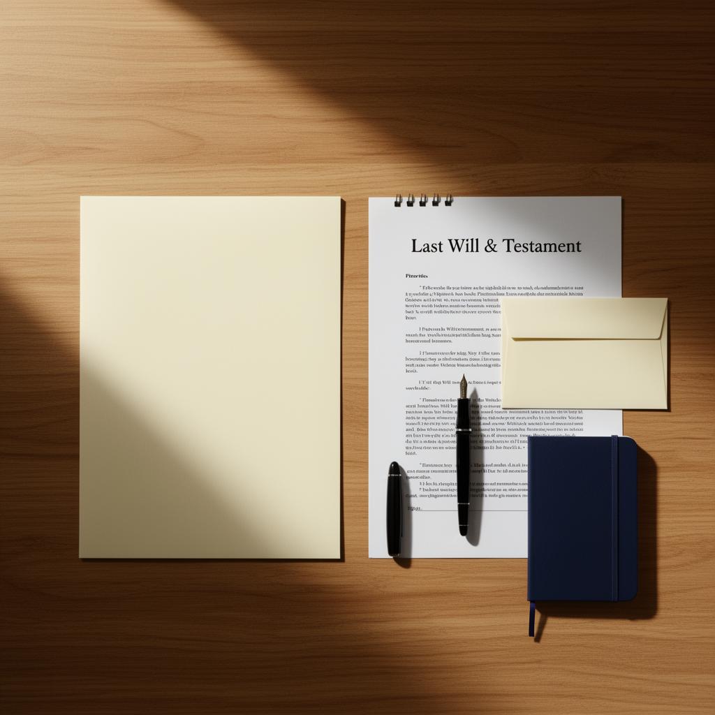 Printed will kit on an oak desk with a fountain pen, envelope, and notebook.