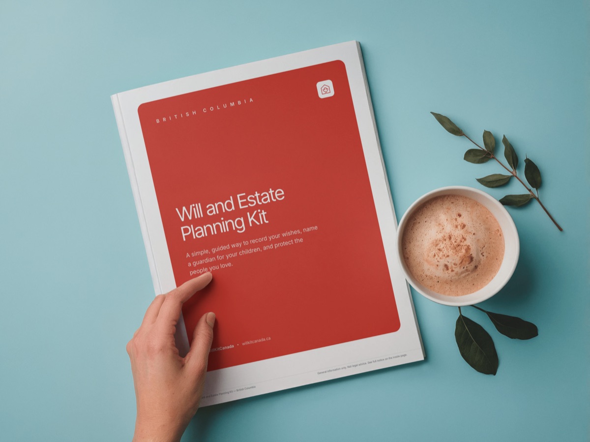 A hand holding open the printed WillKitCanada Will and Estate Planning Kit beside a latte and a sprig of eucalyptus.